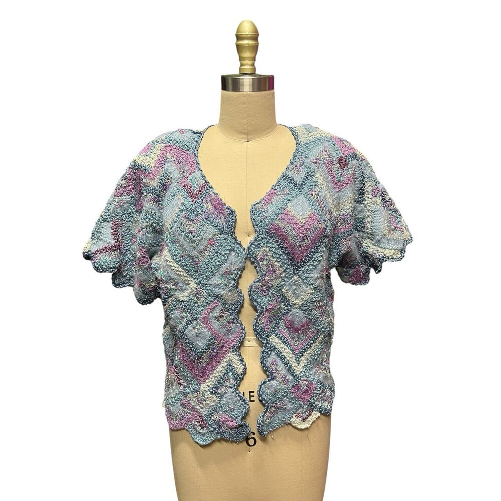 Hand Knit Blue Purple Metallic Sweater Vest Boho Artsy Fairy Art to Wear OOAK